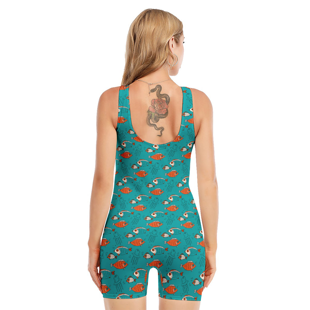 Fish And Jellyfish Pattern Print Sleeveless One Piece Swimsuit
