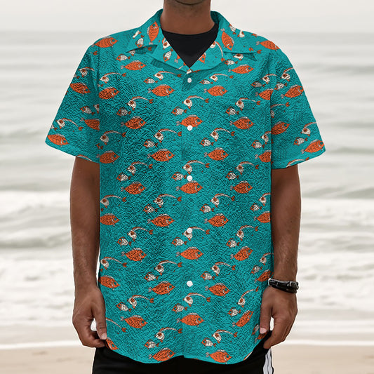 Fish And Jellyfish Pattern Print Textured Short Sleeve Shirt