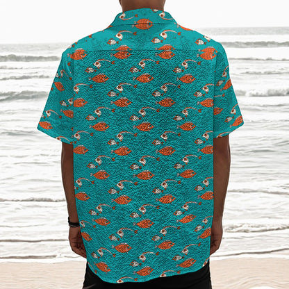 Fish And Jellyfish Pattern Print Textured Short Sleeve Shirt