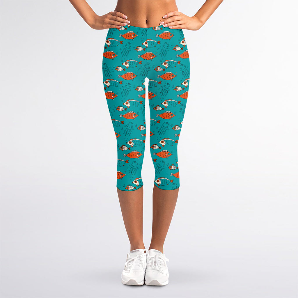 Fish And Jellyfish Pattern Print Women's Capri Leggings
