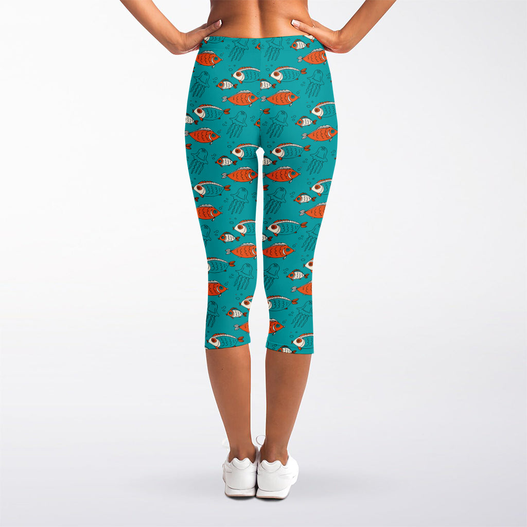 Fish And Jellyfish Pattern Print Women's Capri Leggings