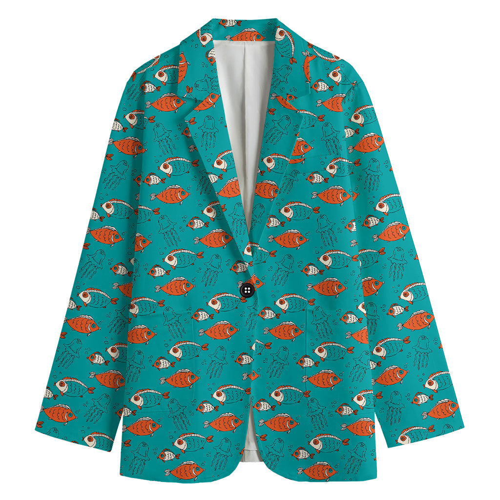 Fish And Jellyfish Pattern Print Women's Cotton Blazer