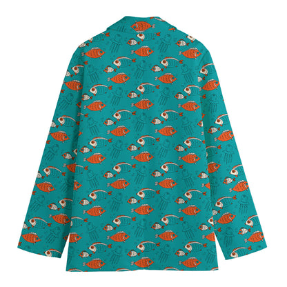 Fish And Jellyfish Pattern Print Women's Cotton Blazer