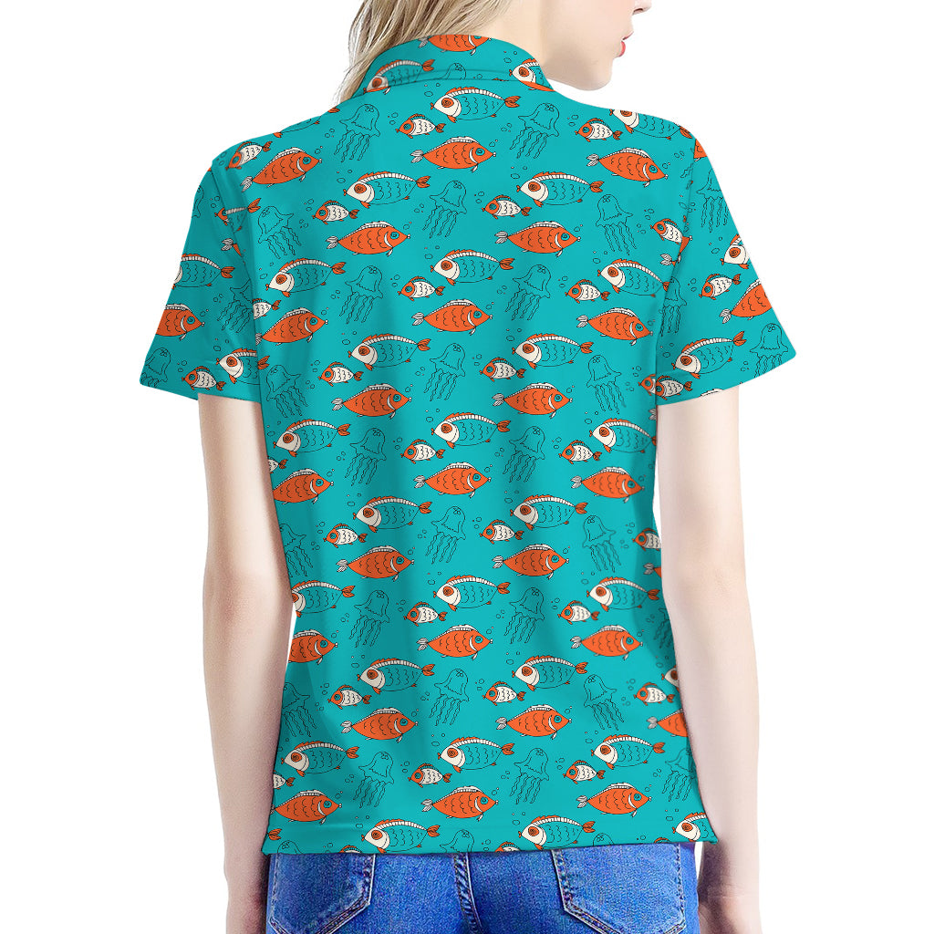 Fish And Jellyfish Pattern Print Women's Polo Shirt