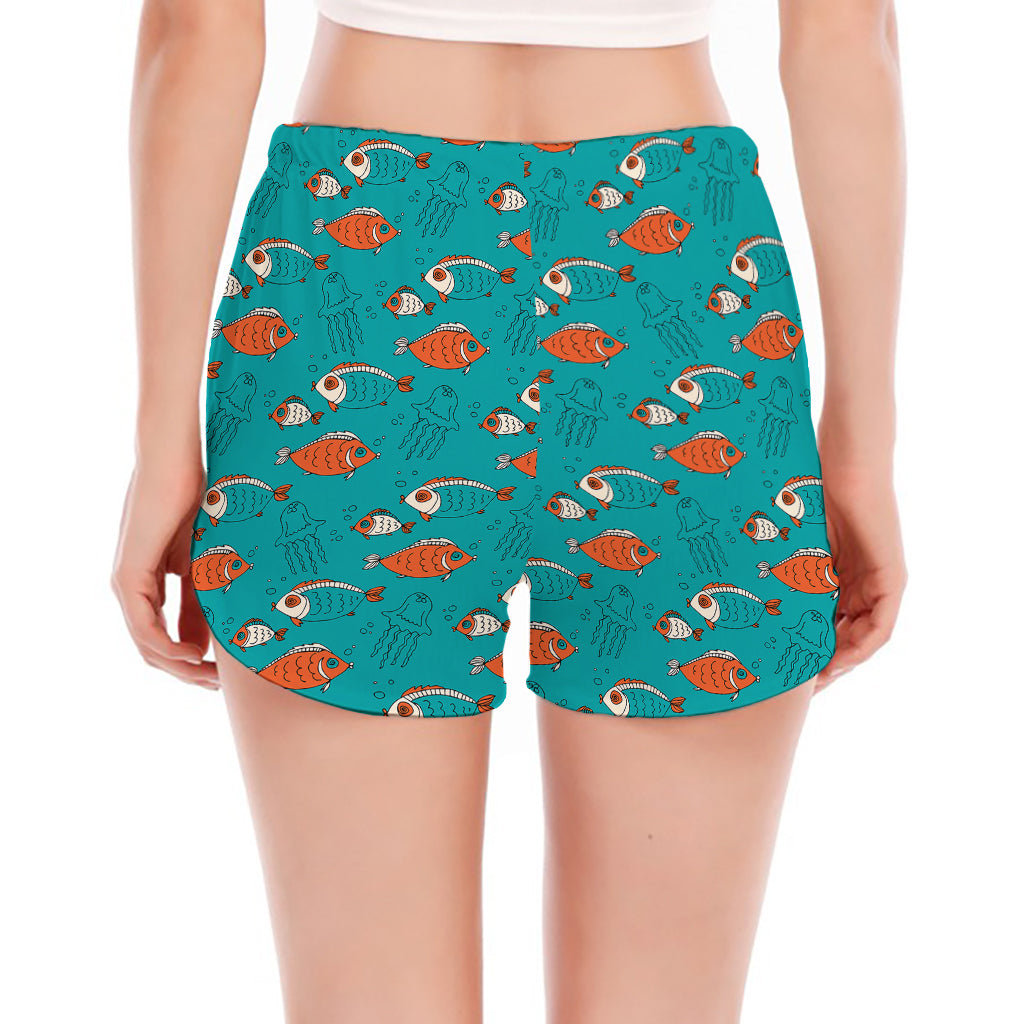 Fish And Jellyfish Pattern Print Women's Split Running Shorts