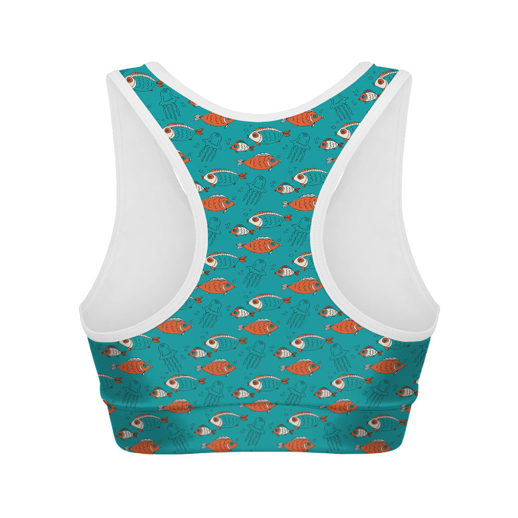 Fish And Jellyfish Pattern Print Women's Sports Bra