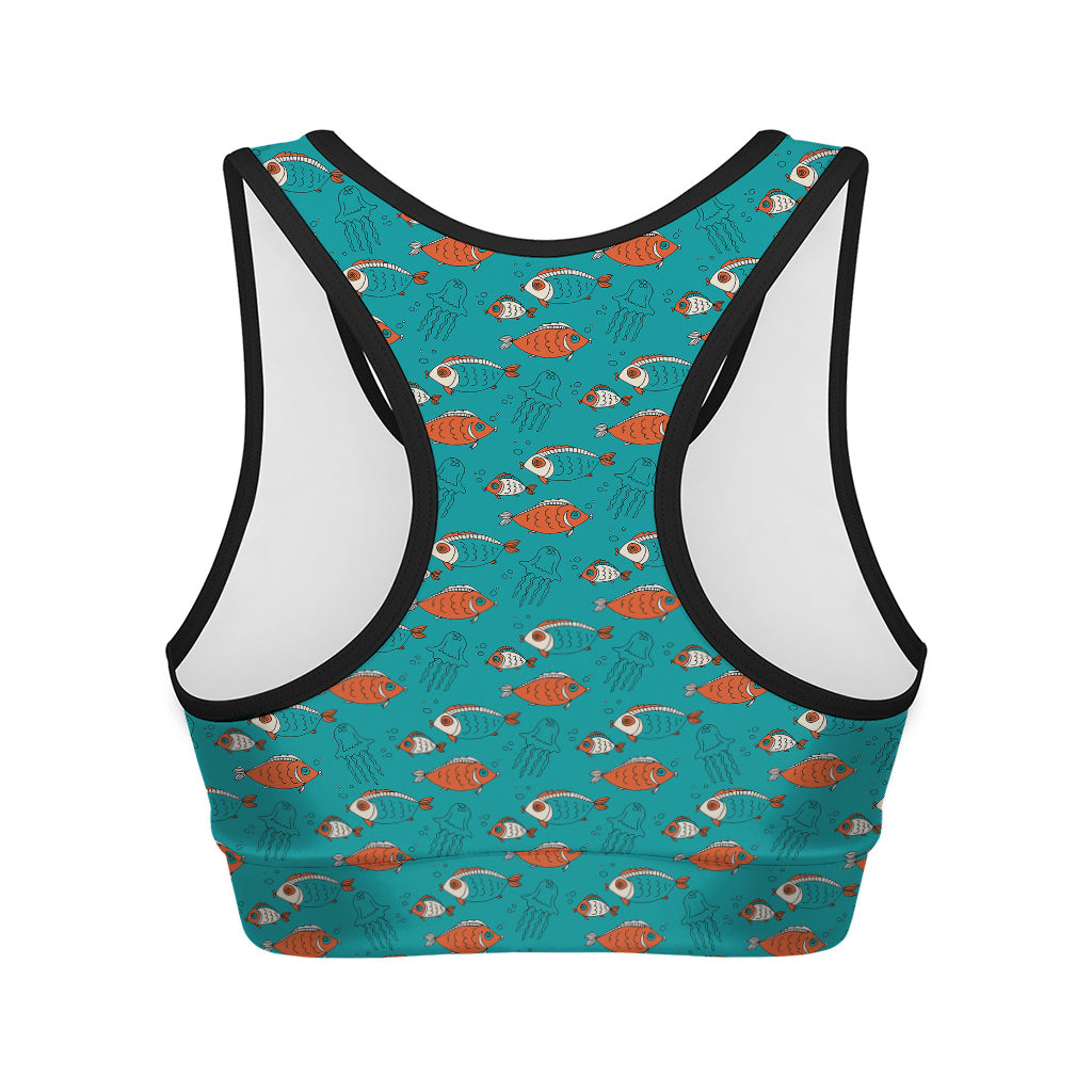 Fish And Jellyfish Pattern Print Women's Sports Bra