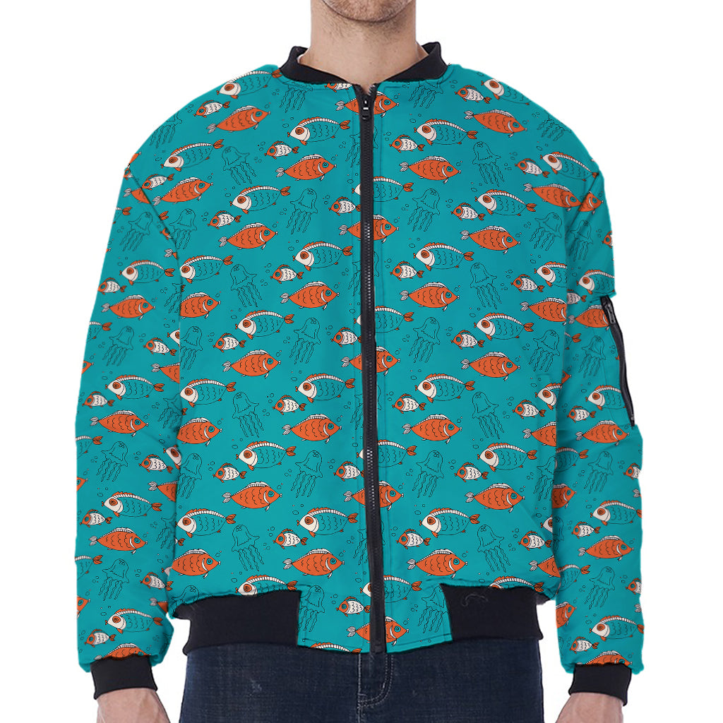 Fish And Jellyfish Pattern Print Zip Sleeve Bomber Jacket