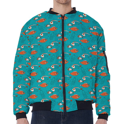 Fish And Jellyfish Pattern Print Zip Sleeve Bomber Jacket