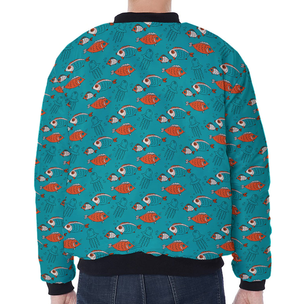 Fish And Jellyfish Pattern Print Zip Sleeve Bomber Jacket