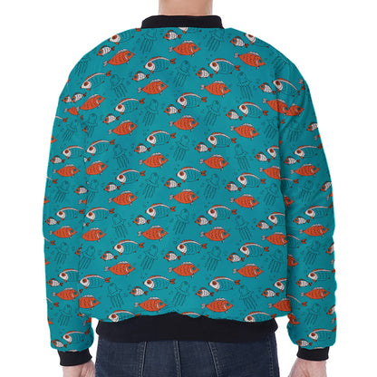 Fish And Jellyfish Pattern Print Zip Sleeve Bomber Jacket