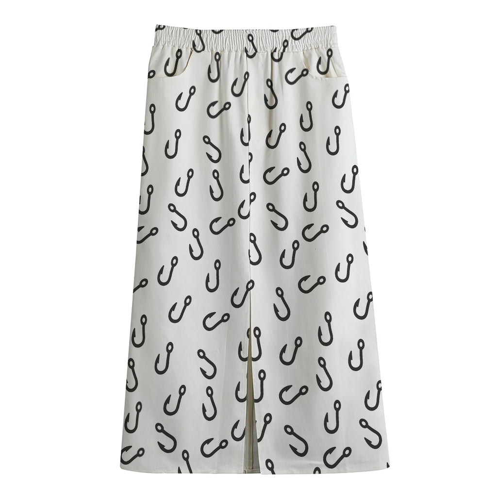 Fish Hook Pattern Print Cotton Front Slit Maxi Skirt