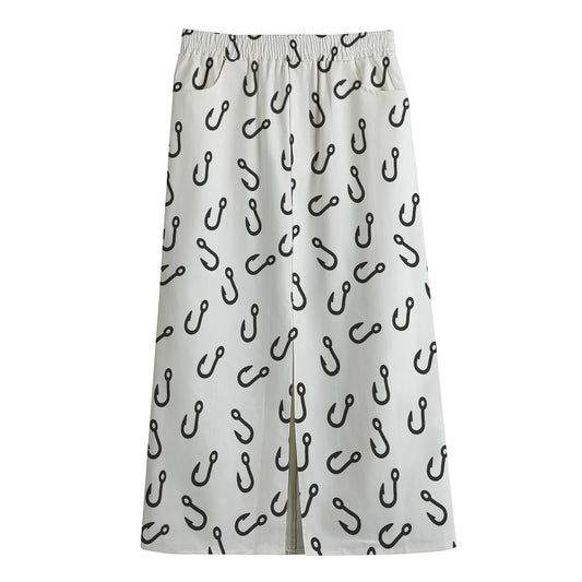 Fish Hook Pattern Print Cotton Front Slit Maxi Skirt