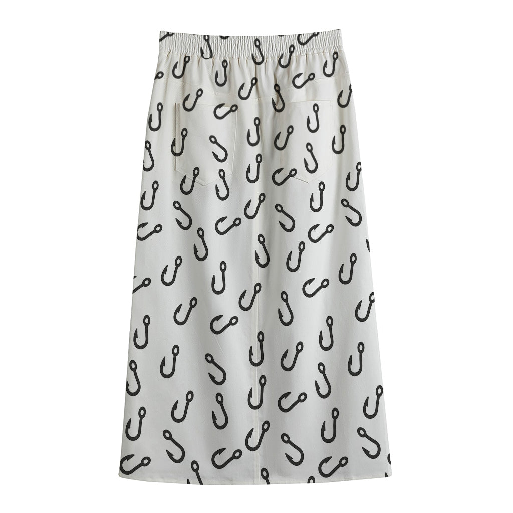 Fish Hook Pattern Print Cotton Front Slit Maxi Skirt