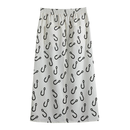 Fish Hook Pattern Print Cotton Front Slit Maxi Skirt