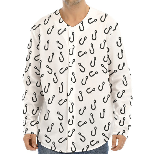 Fish Hook Pattern Print Long Sleeve Baseball Jersey
