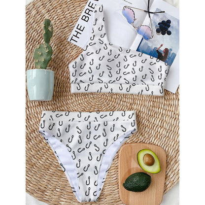 Fish Hook Pattern Print One Shoulder Bikini Top