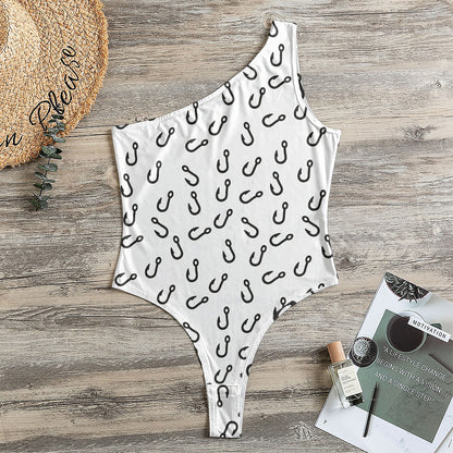 Fish Hook Pattern Print One Shoulder Bodysuit