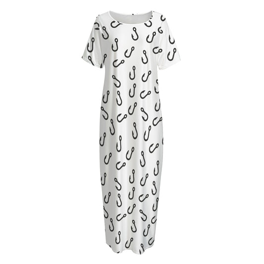 Fish Hook Pattern Print Short Sleeve Long Nightdress