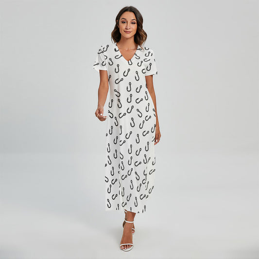 Fish Hook Pattern Print Short Sleeve Maxi Dress