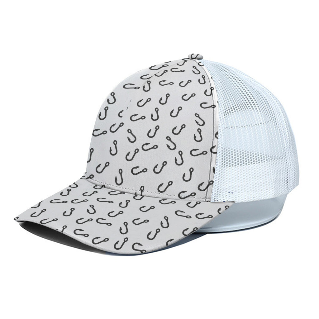 Fish Hook Pattern Print White Mesh Trucker Cap