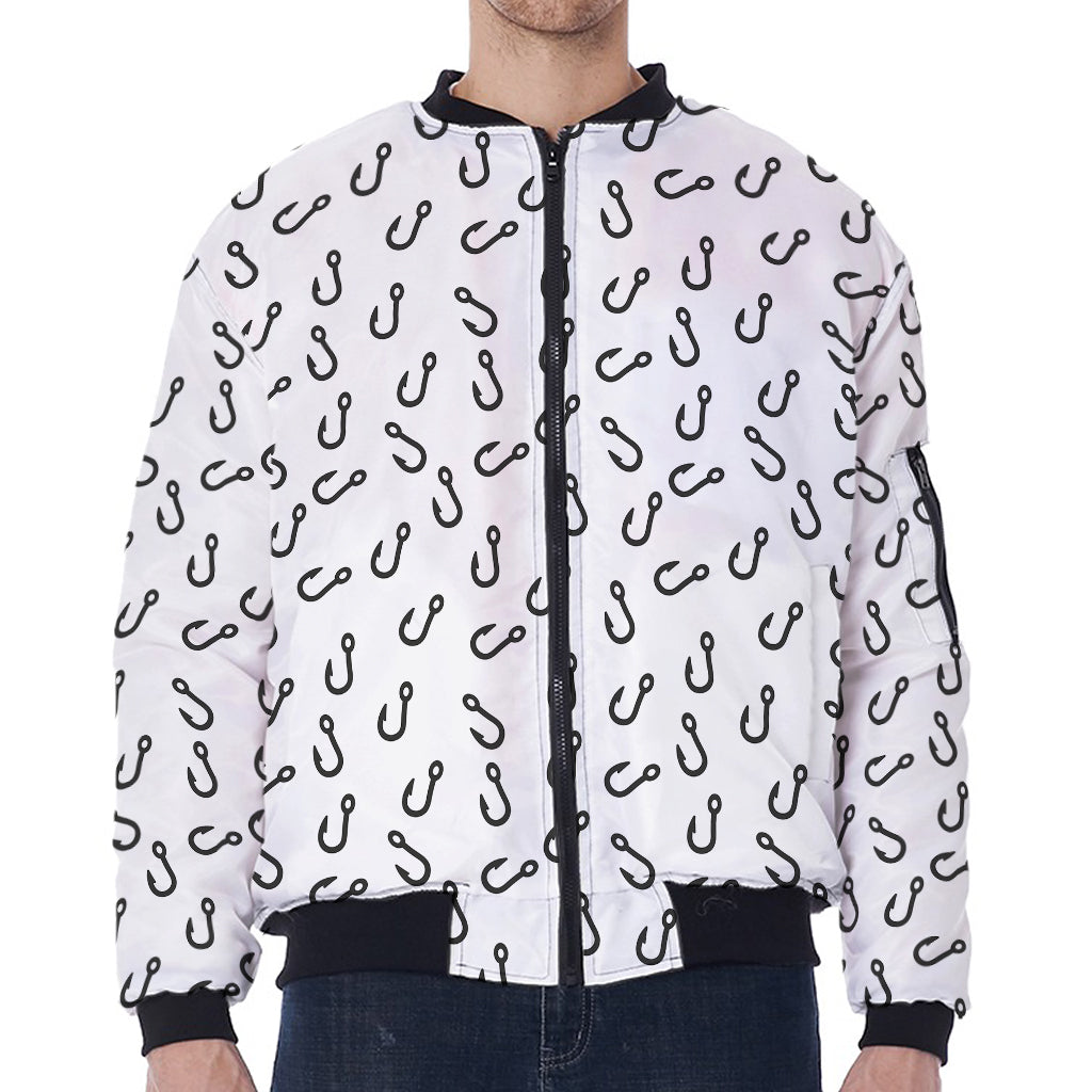 Fish Hook Pattern Print Zip Sleeve Bomber Jacket