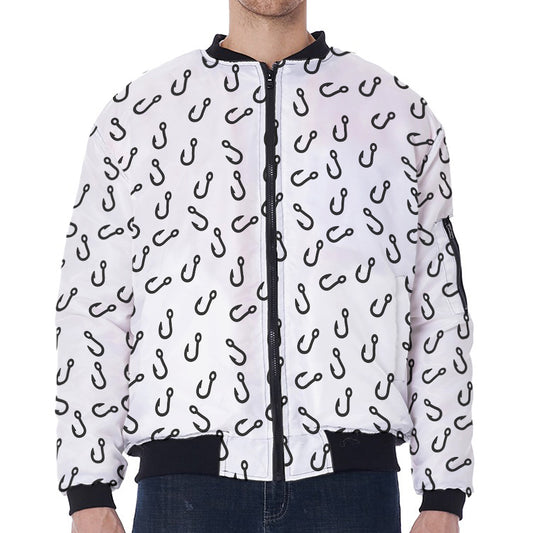 Fish Hook Pattern Print Zip Sleeve Bomber Jacket