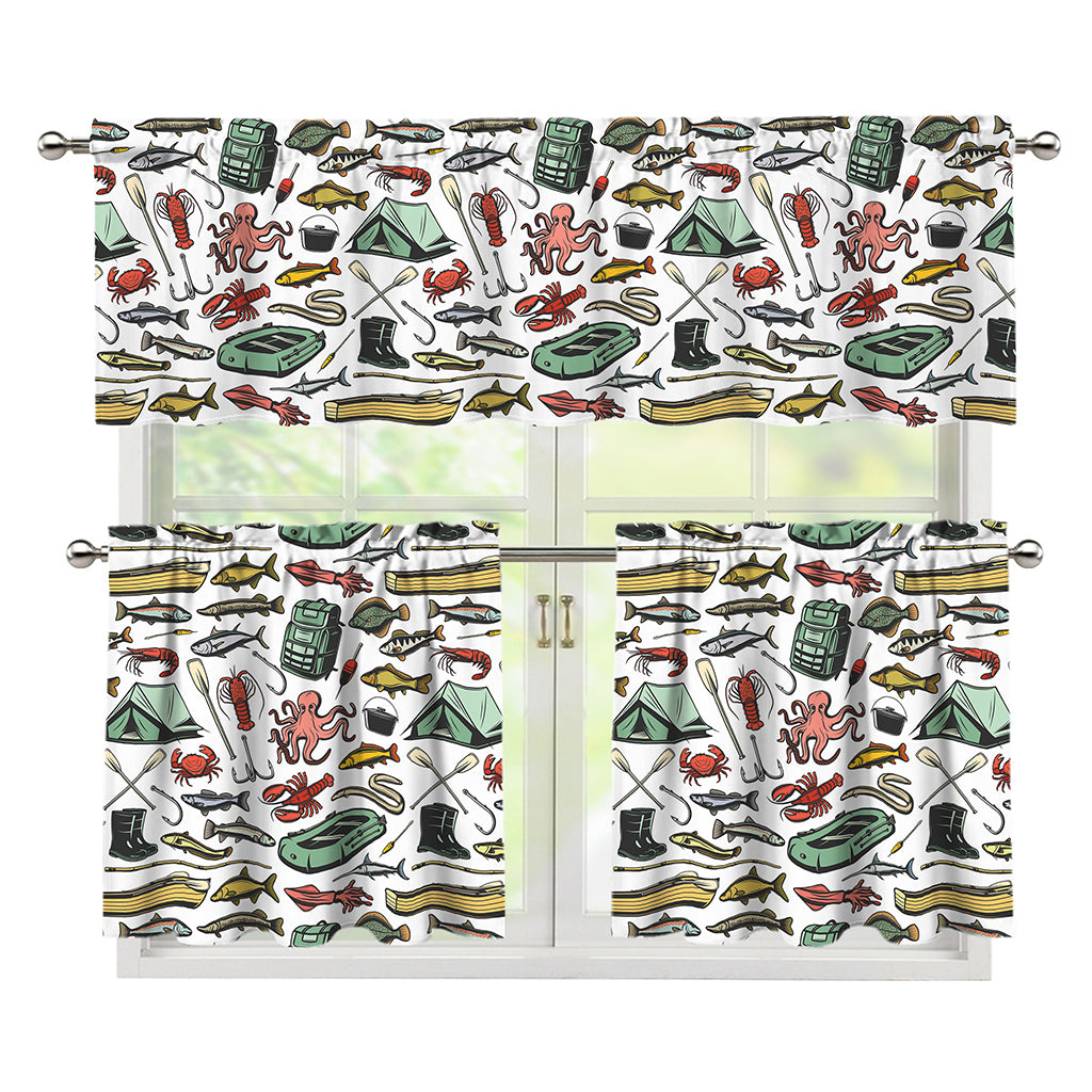 Fishing Equipment Pattern Print 3 Piece Kitchen Curtains