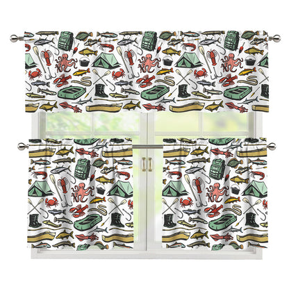 Fishing Equipment Pattern Print 3 Piece Kitchen Curtains