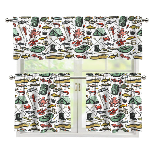 Fishing Equipment Pattern Print 3 Piece Kitchen Curtains