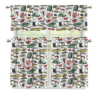 Fishing Equipment Pattern Print 3 Piece Kitchen Curtains