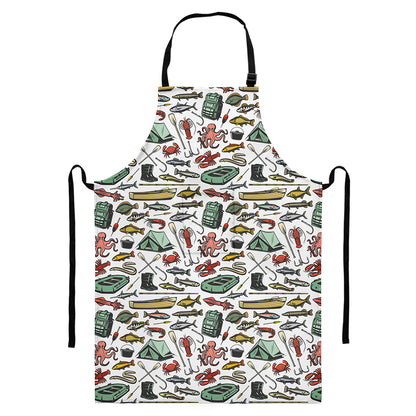 Fishing Equipment Pattern Print Bib Apron With Pocket