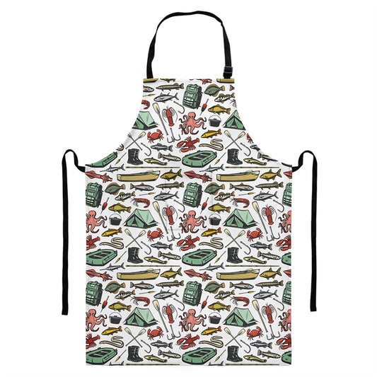 Fishing Equipment Pattern Print Bib Apron With Pocket