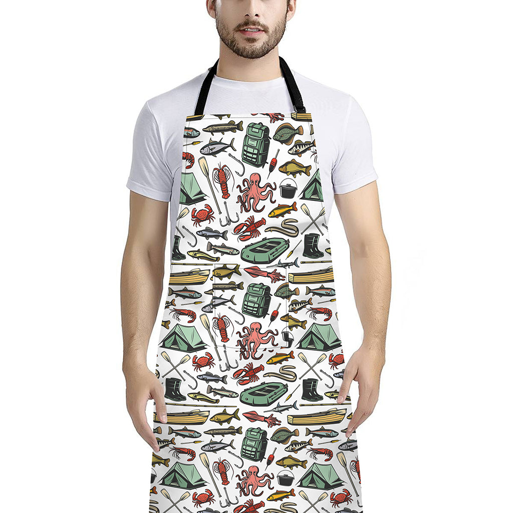 Fishing Equipment Pattern Print Bib Apron With Pocket