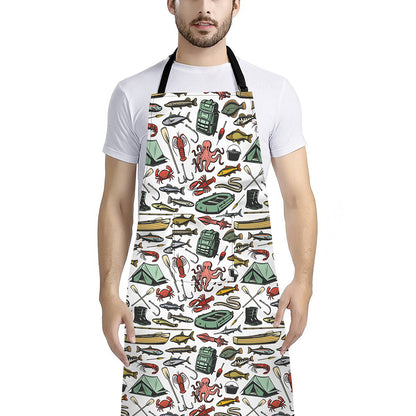 Fishing Equipment Pattern Print Bib Apron With Pocket