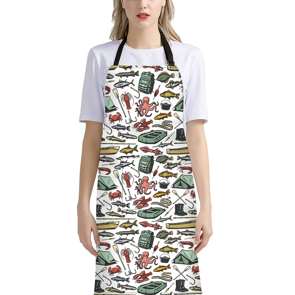 Fishing Equipment Pattern Print Bib Apron With Pocket