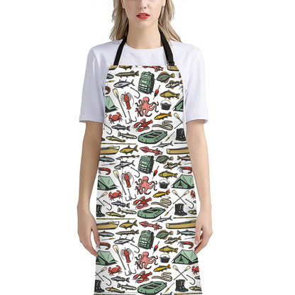Fishing Equipment Pattern Print Bib Apron With Pocket