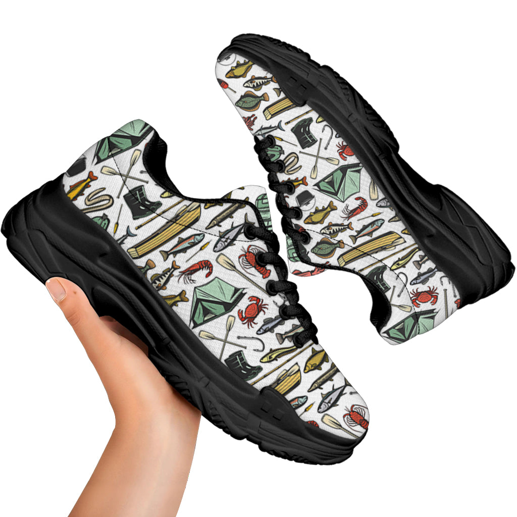 Fishing Equipment Pattern Print Black Chunky Shoes