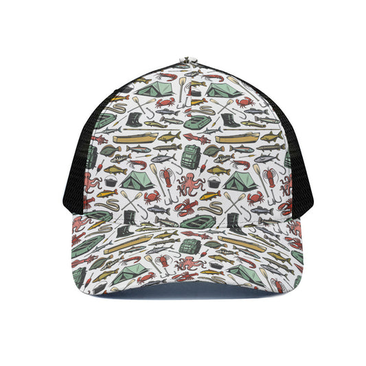 Fishing Equipment Pattern Print Black Mesh Trucker Cap
