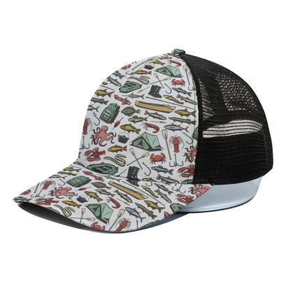 Fishing Equipment Pattern Print Black Mesh Trucker Cap