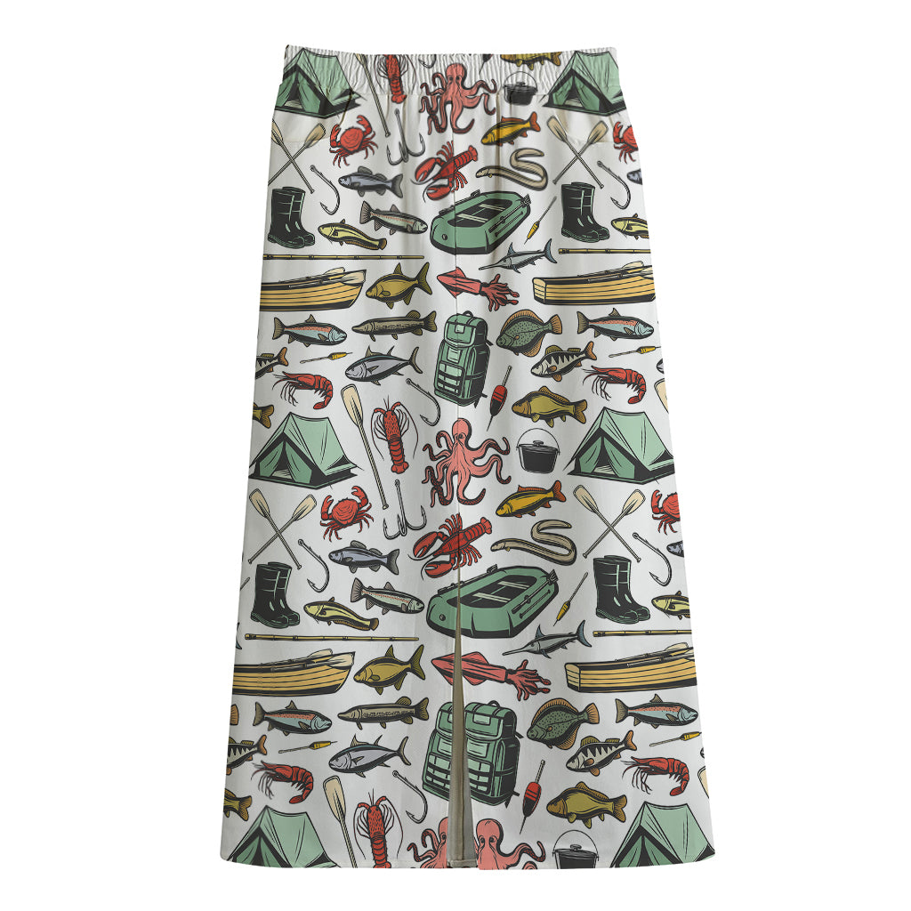 Fishing Equipment Pattern Print Cotton Front Slit Maxi Skirt