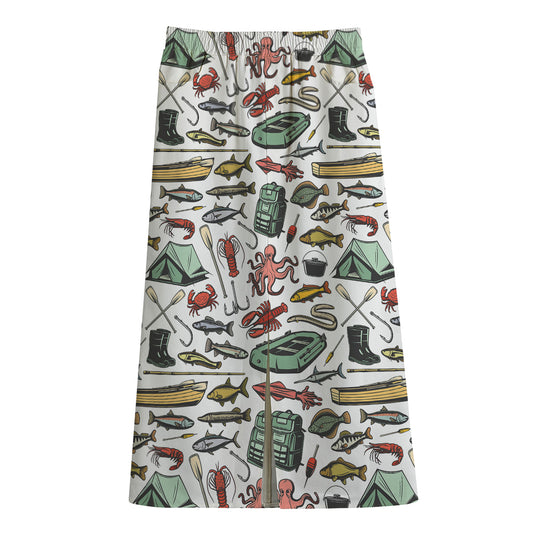 Fishing Equipment Pattern Print Cotton Front Slit Maxi Skirt