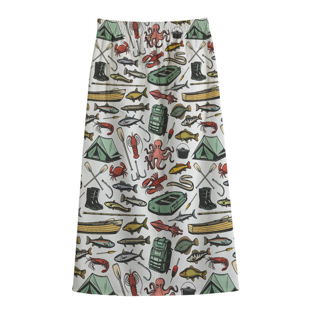 Fishing Equipment Pattern Print Cotton Front Slit Maxi Skirt