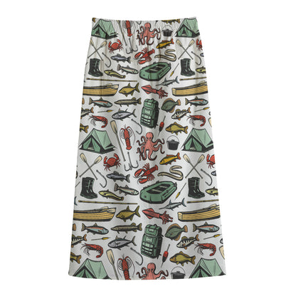 Fishing Equipment Pattern Print Cotton Front Slit Maxi Skirt