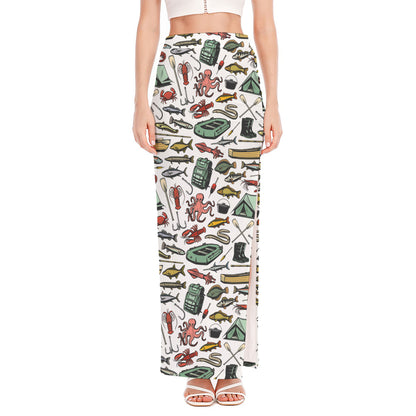 Fishing Equipment Pattern Print High Slit Maxi Skirt