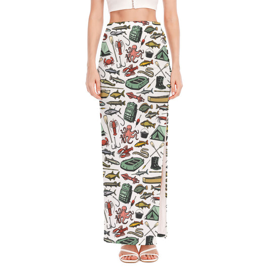 Fishing Equipment Pattern Print High Slit Maxi Skirt