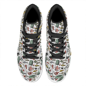 Fishing Equipment Pattern Print High Top Leather Sneakers