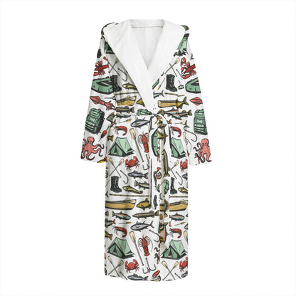 Fishing Equipment Pattern Print Hooded Bathrobe