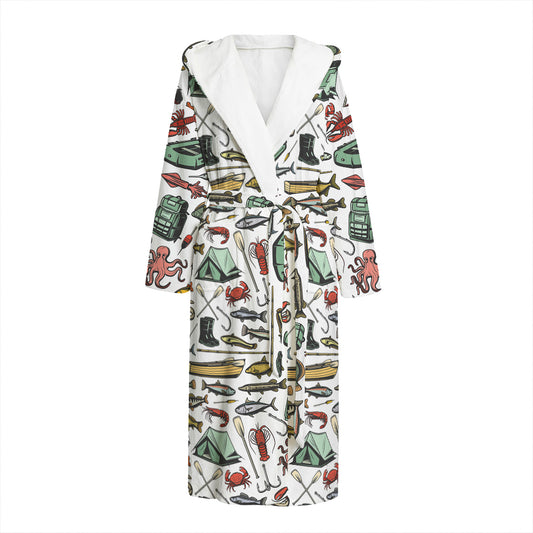 Fishing Equipment Pattern Print Hooded Bathrobe
