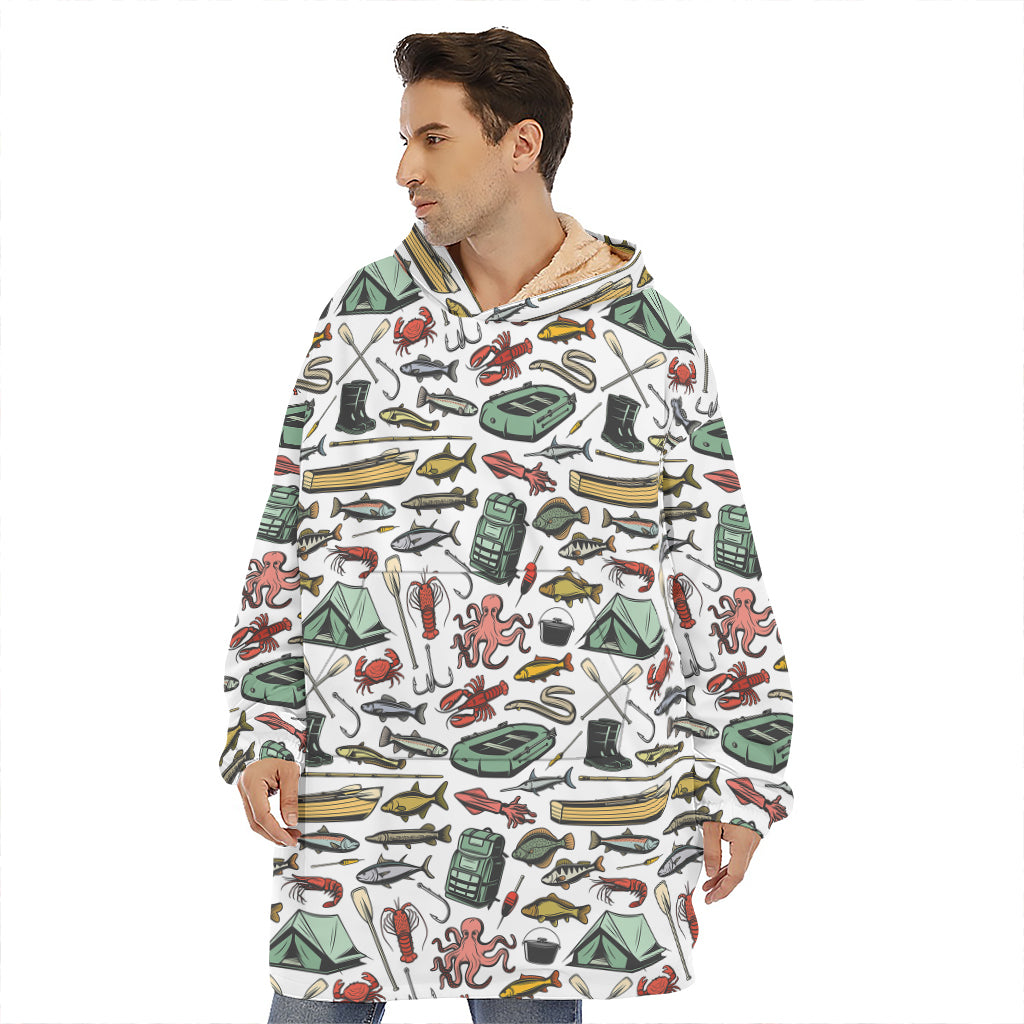 Fishing Equipment Pattern Print Hoodie Blanket
